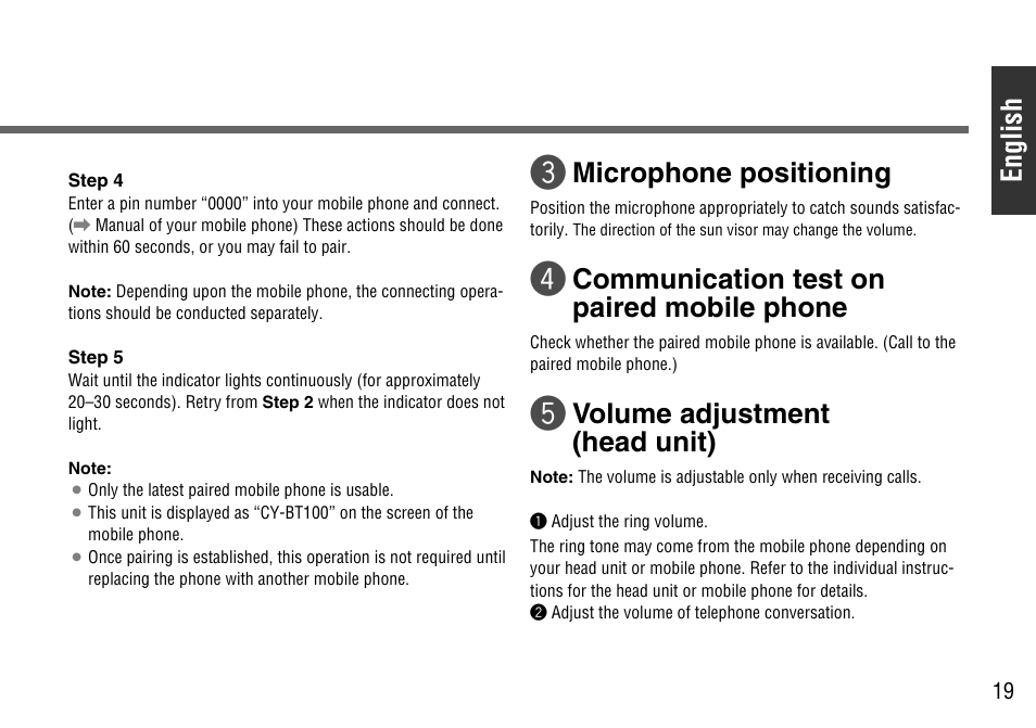 English, Microphone positioning, Communication test on paired mobile phone | Volume adjustment (head unit) | Panasonic CY-BT100U User Manual | Page 19 / 92