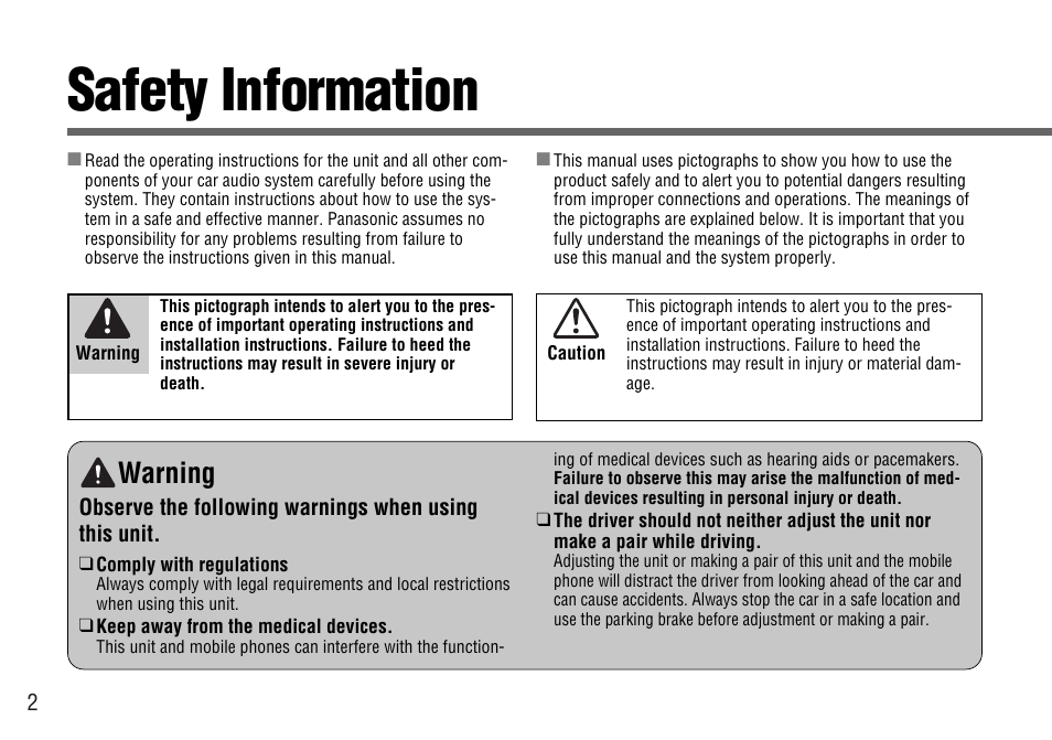 Safety information, Warning | Panasonic CY-BT100U User Manual | Page 2 / 92