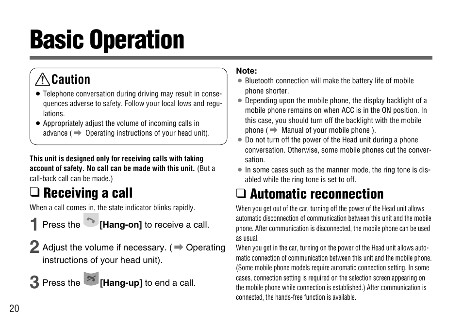 Basic operation, Receiving a call, Automatic reconnection | Caution | Panasonic CY-BT100U User Manual | Page 20 / 92