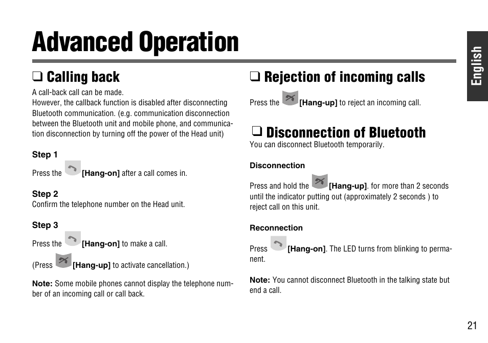 Advanced operation, Calling back, Rejection of incoming calls | Disconnection of bluetooth, English | Panasonic CY-BT100U User Manual | Page 21 / 92