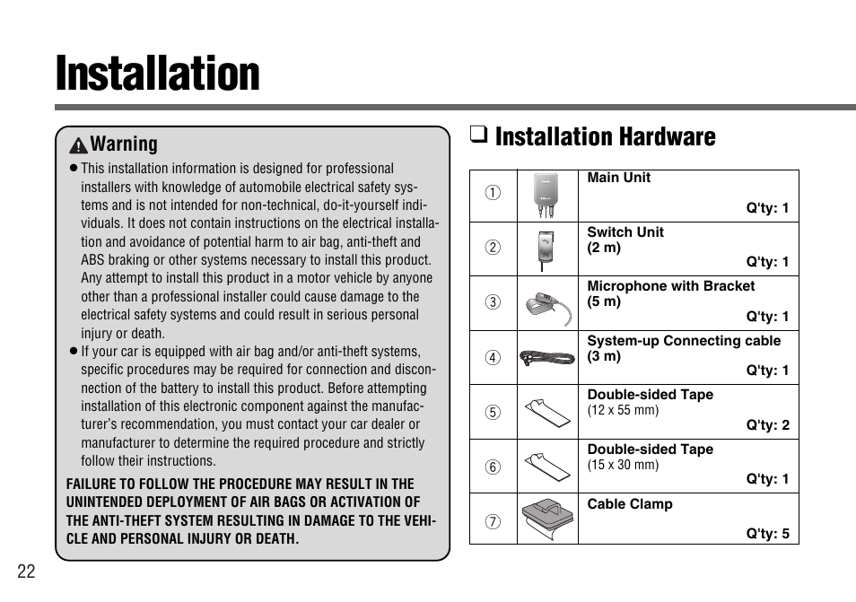 Installation, Installation hardware, Warning | Panasonic CY-BT100U User Manual | Page 22 / 92