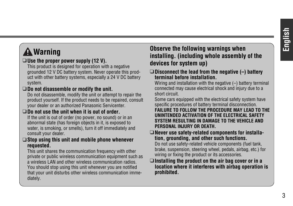 English, Warning | Panasonic CY-BT100U User Manual | Page 3 / 92