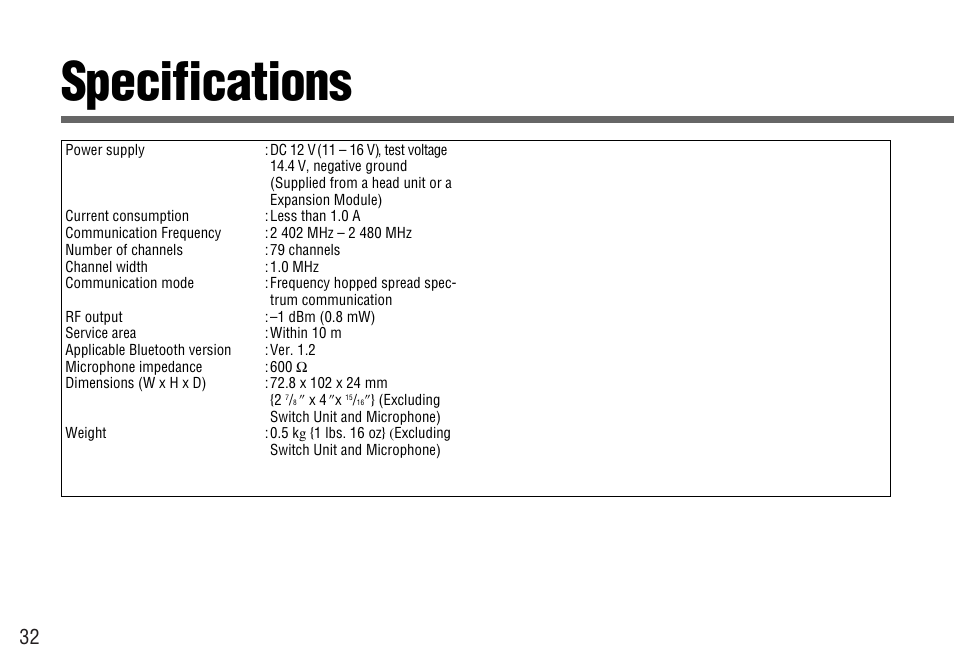 Specifications | Panasonic CY-BT100U User Manual | Page 32 / 92