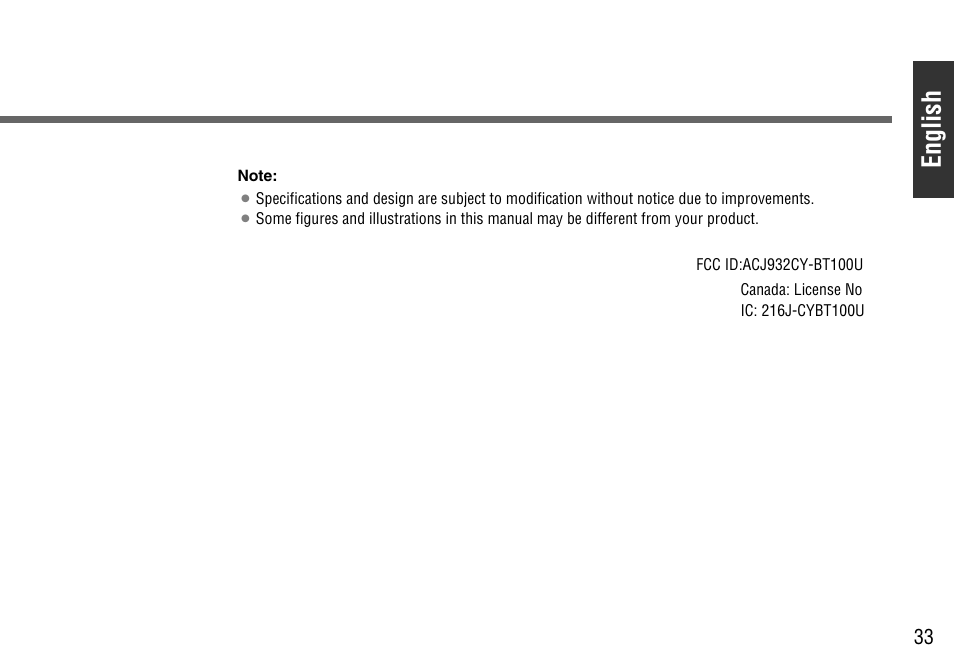 English | Panasonic CY-BT100U User Manual | Page 33 / 92