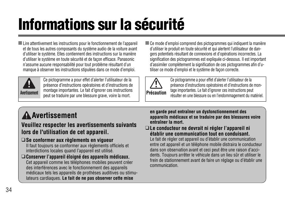 Informations sur la securite, Informations sur la sécurité, Avertissement | Panasonic CY-BT100U User Manual | Page 34 / 92