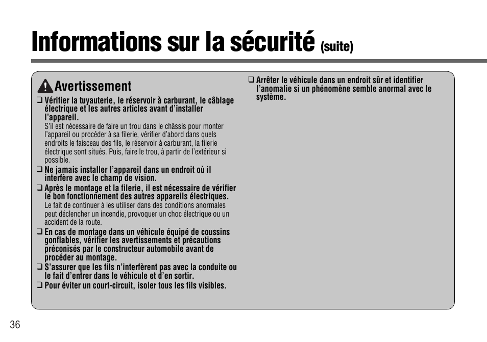 Informations sur la sécurité, Suite) avertissement | Panasonic CY-BT100U User Manual | Page 36 / 92