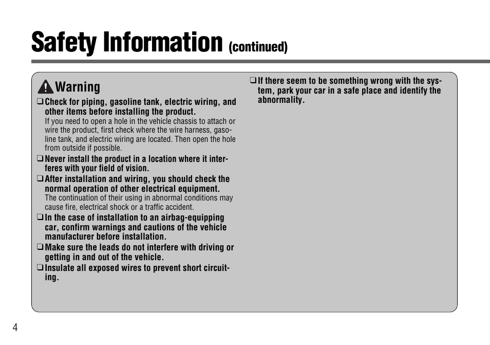 Safety information, Continued) warning | Panasonic CY-BT100U User Manual | Page 4 / 92