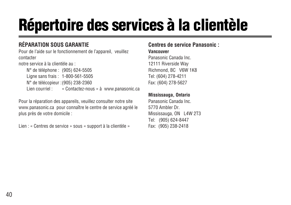 Repertoire des services a la clientele, Répertoire des services à la clientèle | Panasonic CY-BT100U User Manual | Page 40 / 92
