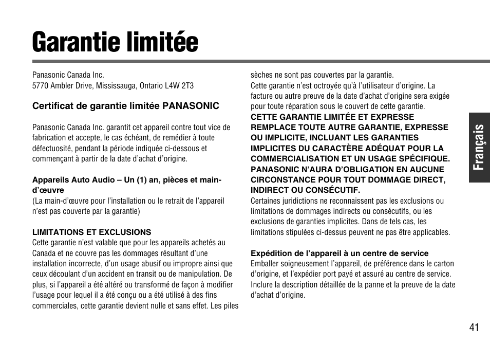 Garantie limitee, Garantie limitée, Français | Panasonic CY-BT100U User Manual | Page 41 / 92