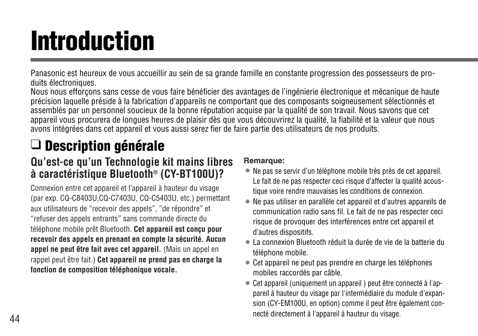 Introduction, Description générale, Cy-bt100u) | Panasonic CY-BT100U User Manual | Page 44 / 92