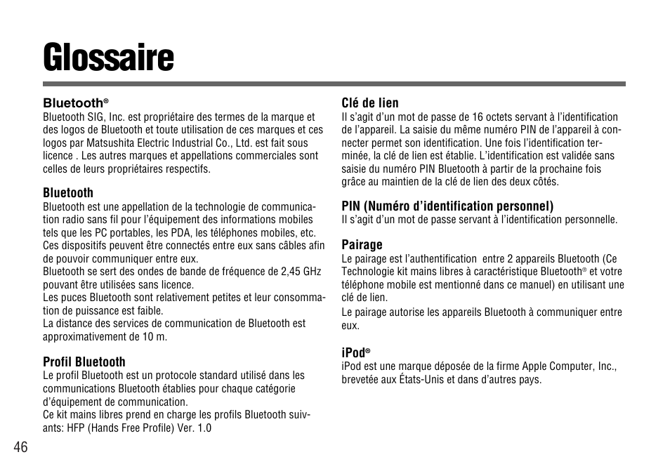 Glossaire | Panasonic CY-BT100U User Manual | Page 46 / 92