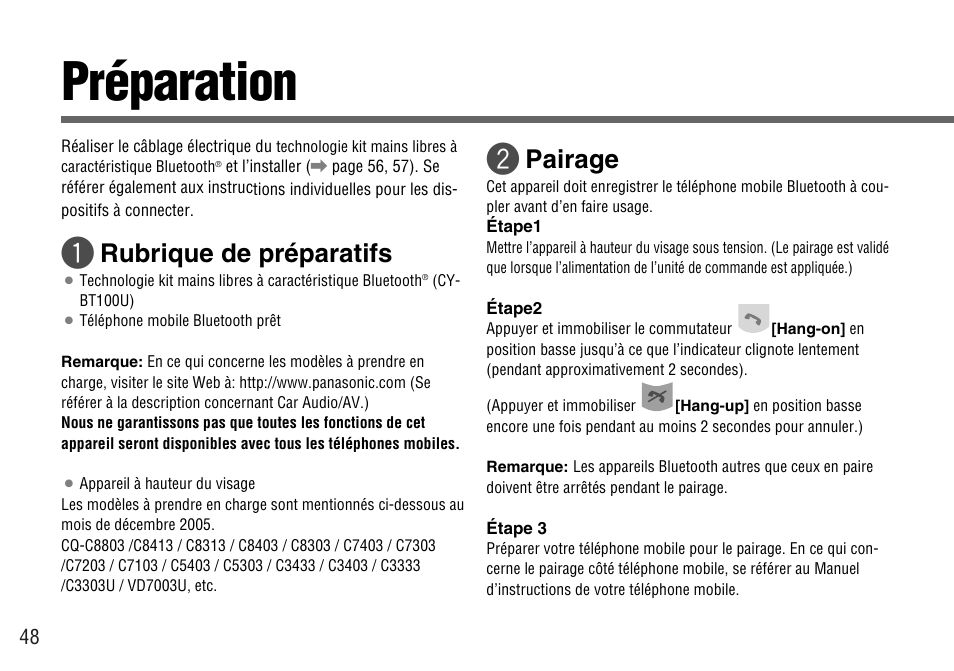 Preparation, Préparation, Rubrique de préparatifs | Pairage | Panasonic CY-BT100U User Manual | Page 48 / 92