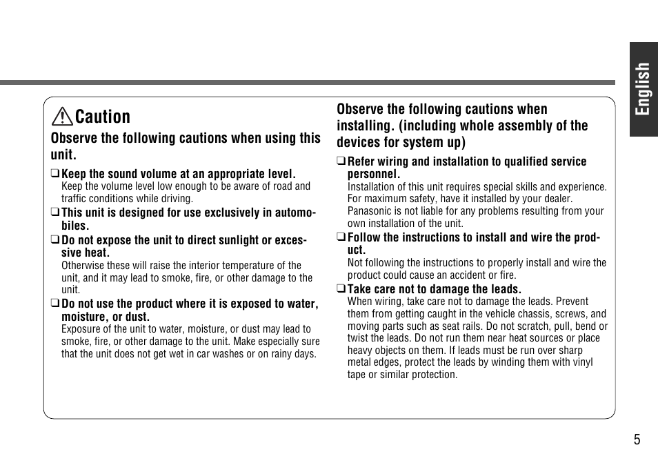 English, Caution | Panasonic CY-BT100U User Manual | Page 5 / 92