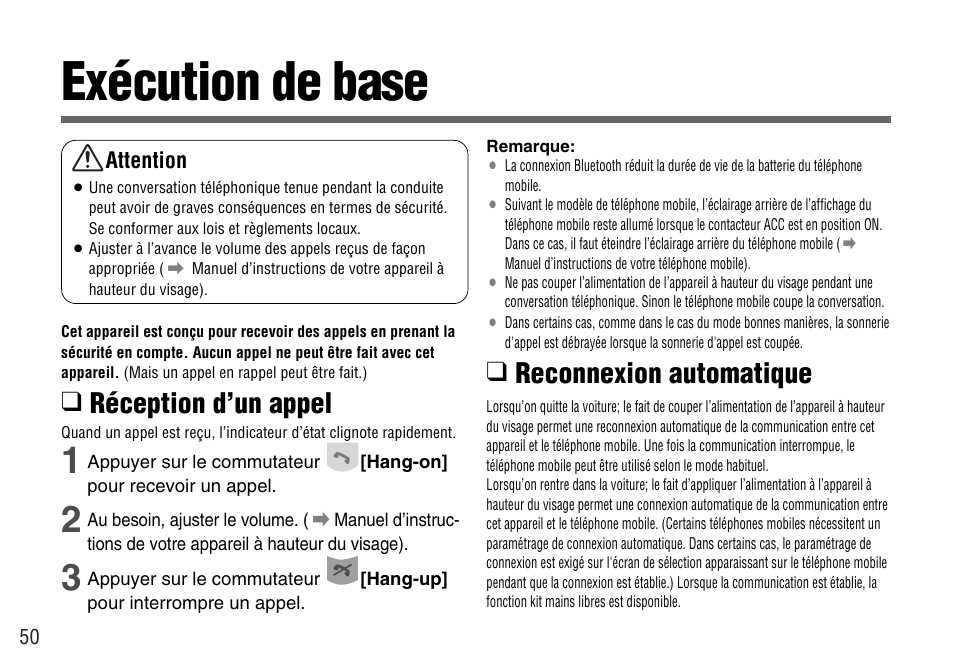 Execution de base, Exécution de base, Réception d’un appel | Reconnexion automatique | Panasonic CY-BT100U User Manual | Page 50 / 92