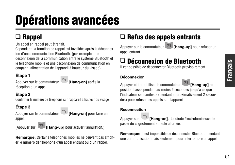 Operations avancees, Opérations avancées, Rappel | Refus des appels entrants, Déconnexion de bluetooth, Français | Panasonic CY-BT100U User Manual | Page 51 / 92