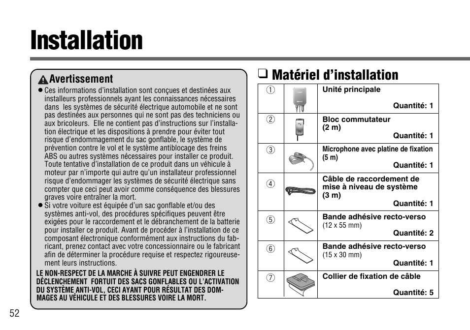 Installation, Matériel d’installation, Avertissement | Panasonic CY-BT100U User Manual | Page 52 / 92