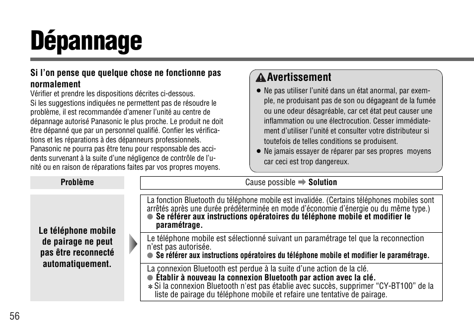 Depannage, Dépannage, Avertissement | Panasonic CY-BT100U User Manual | Page 56 / 92