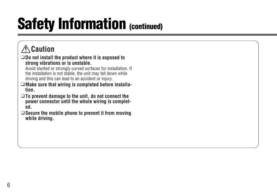 Safety information, Caution, Continued) | Panasonic CY-BT100U User Manual | Page 6 / 92