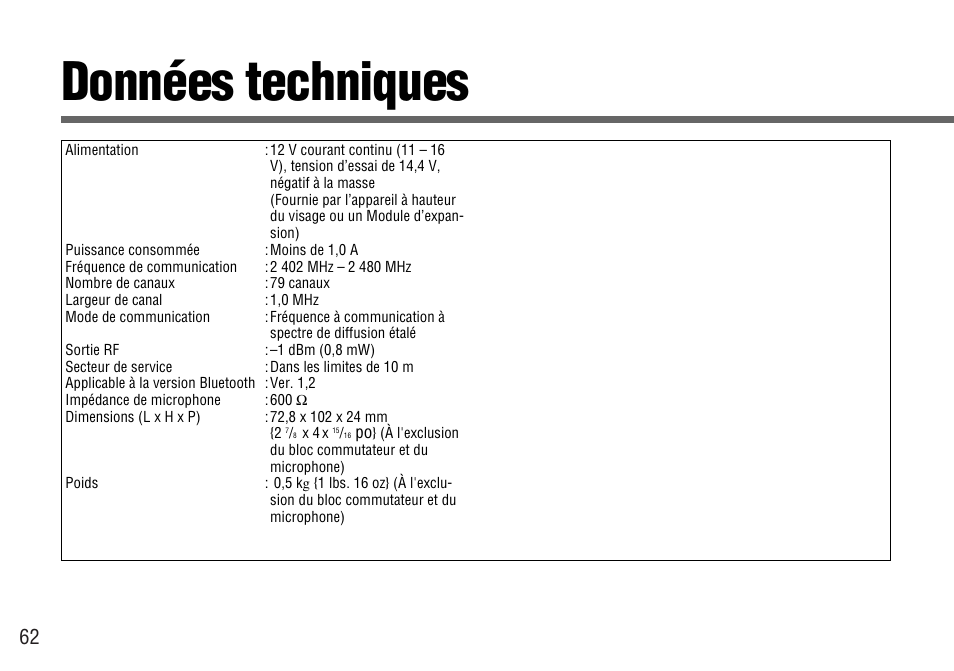 Donnees techniques, Données techniques | Panasonic CY-BT100U User Manual | Page 62 / 92