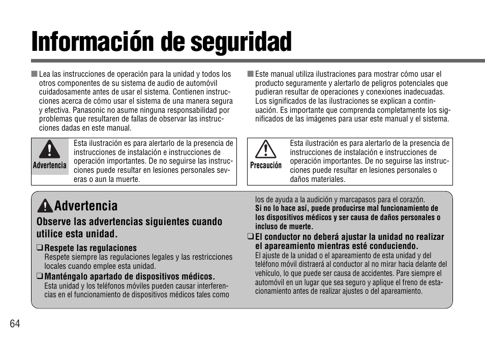 Informacion de seguridad, Información de seguridad, Advertencia | Panasonic CY-BT100U User Manual | Page 64 / 92