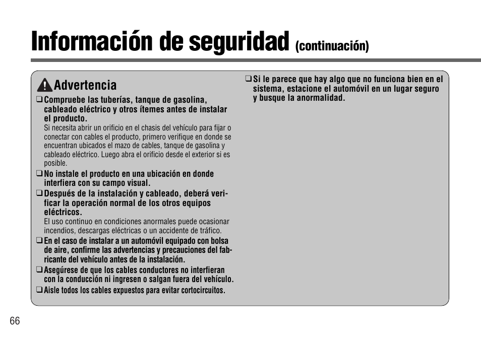 Información de seguridad, Continuación) advertencia | Panasonic CY-BT100U User Manual | Page 66 / 92