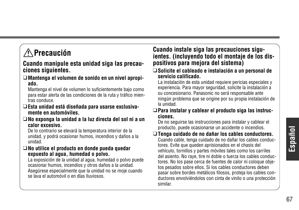 Español, Precaución | Panasonic CY-BT100U User Manual | Page 67 / 92