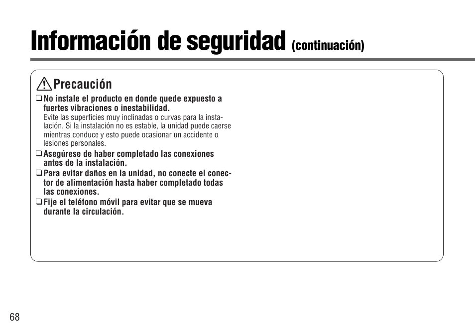 Información de seguridad, Precaución, Continuación) | Panasonic CY-BT100U User Manual | Page 68 / 92