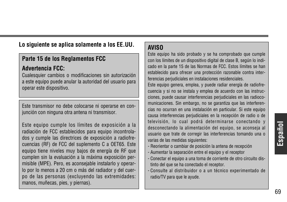 Español | Panasonic CY-BT100U User Manual | Page 69 / 92