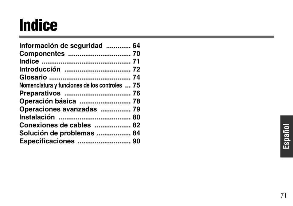 Indice | Panasonic CY-BT100U User Manual | Page 71 / 92