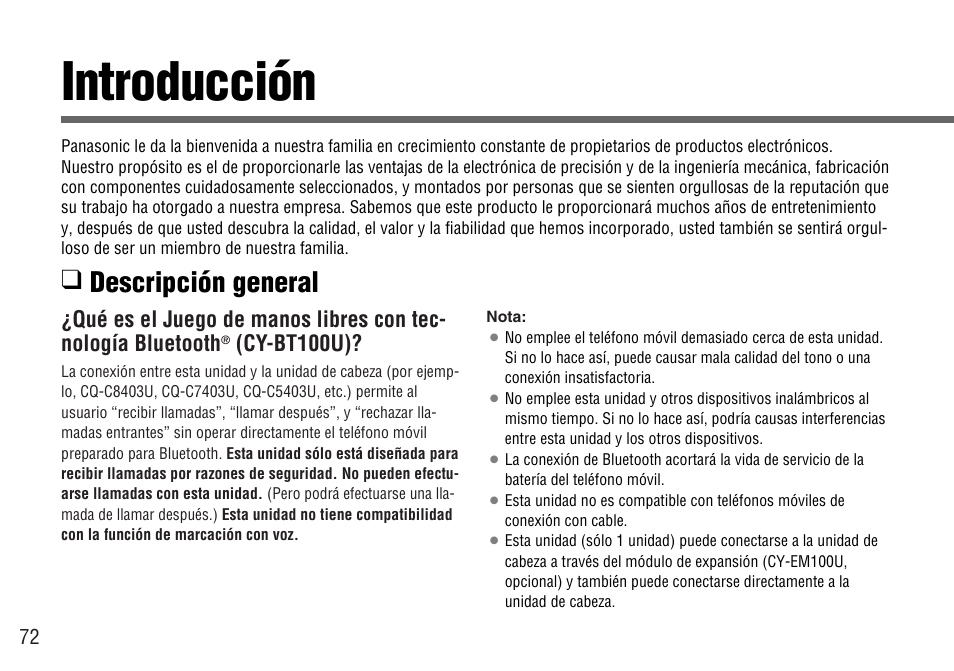 Introduccion, Introducción, Descripción general | Cy-bt100u) | Panasonic CY-BT100U User Manual | Page 72 / 92