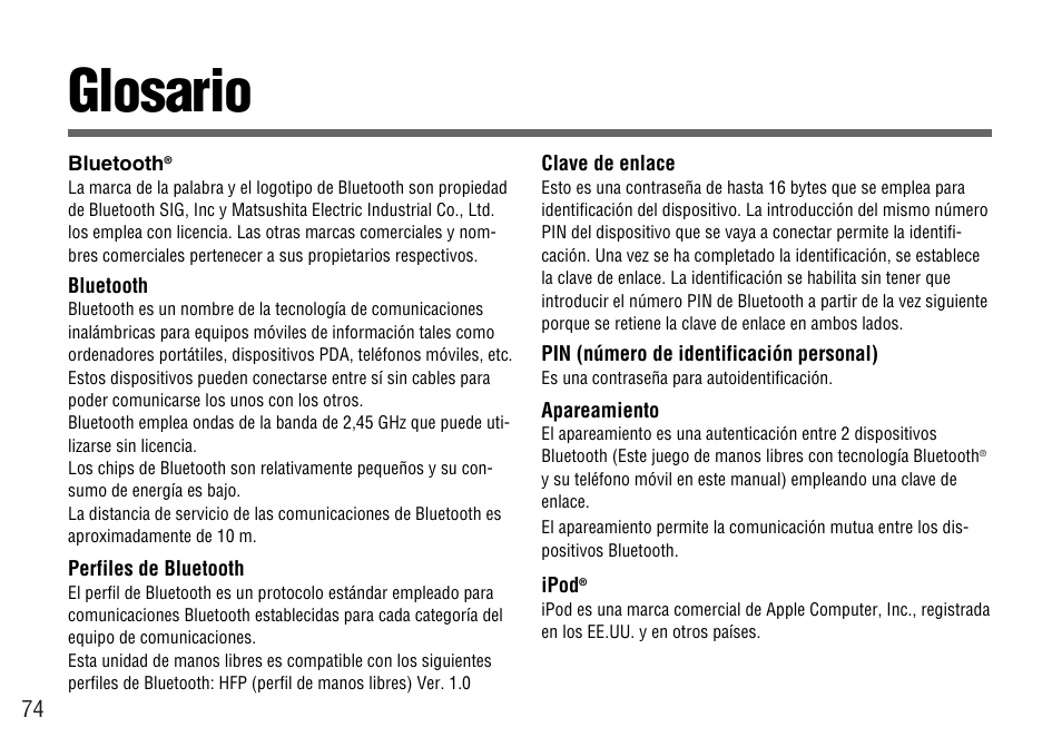 Glosario | Panasonic CY-BT100U User Manual | Page 74 / 92