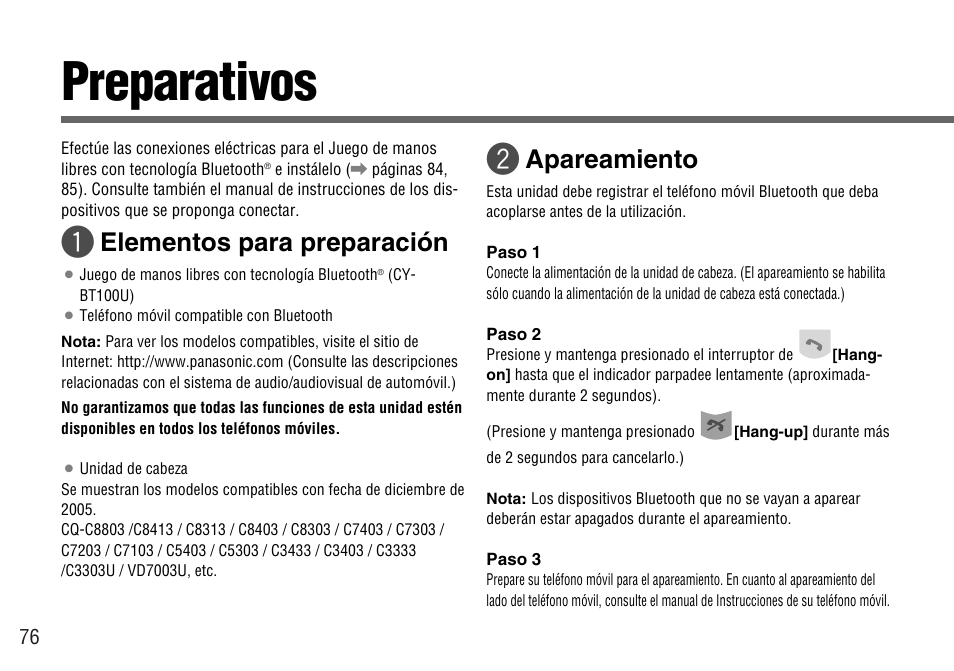 Preparativos, Elementos para preparación, Apareamiento | Panasonic CY-BT100U User Manual | Page 76 / 92