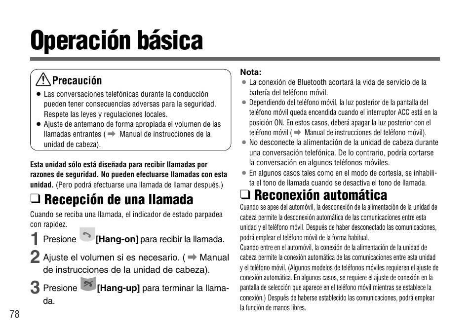 Operacion basica, Operación básica, Recepción de una llamada | Reconexión automática | Panasonic CY-BT100U User Manual | Page 78 / 92