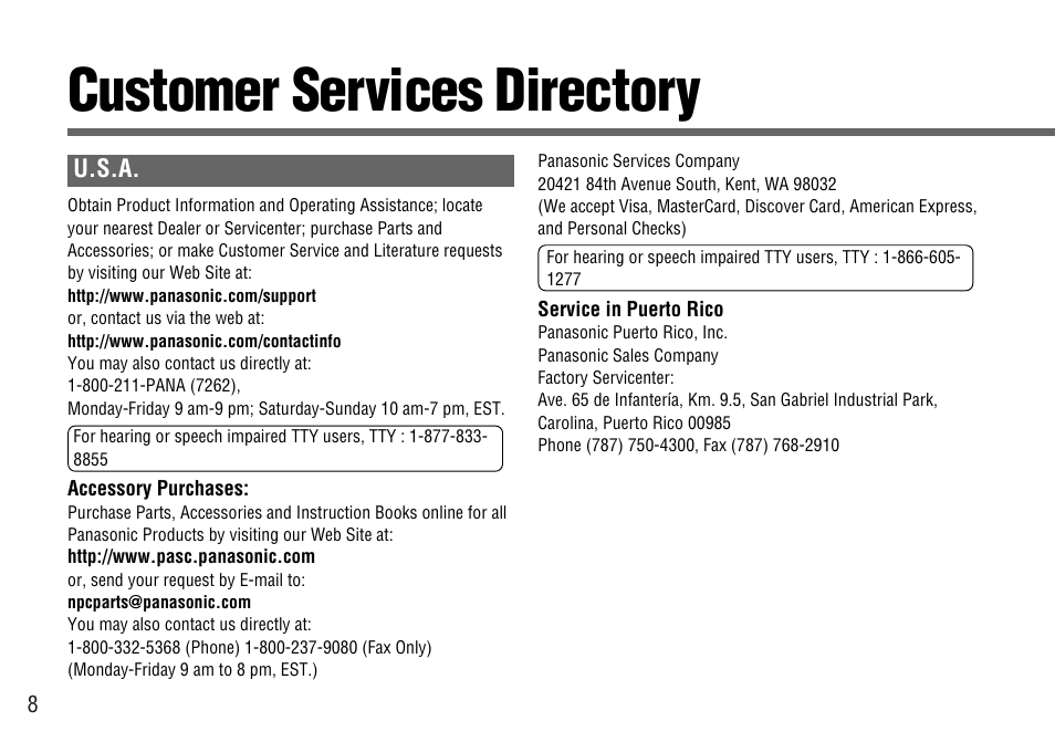 Customer service directory, Customer services directory | Panasonic CY-BT100U User Manual | Page 8 / 92