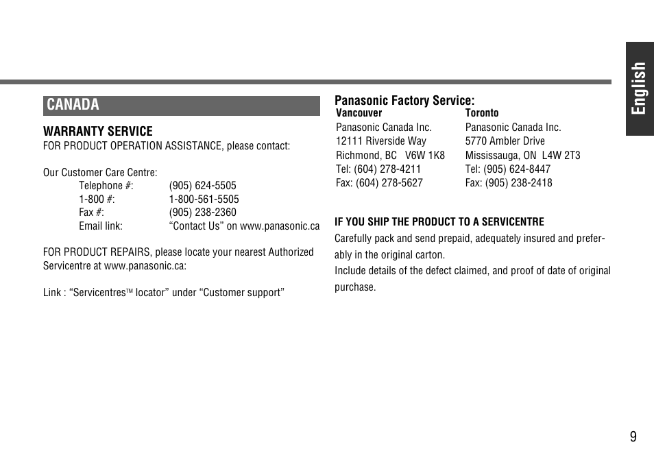 English, Canada | Panasonic CY-BT100U User Manual | Page 9 / 92