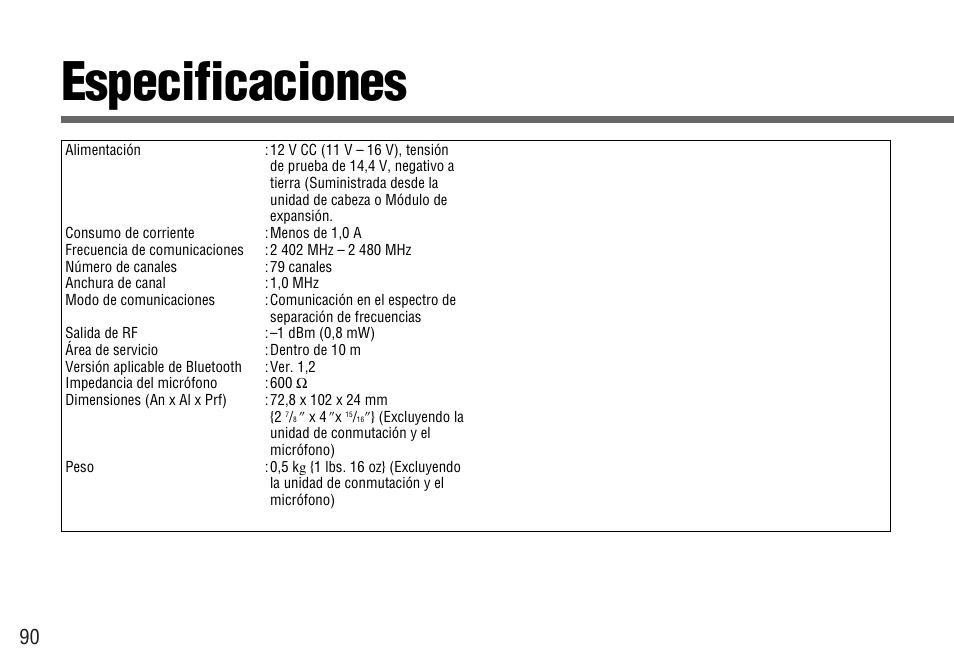 Especificaciones | Panasonic CY-BT100U User Manual | Page 90 / 92