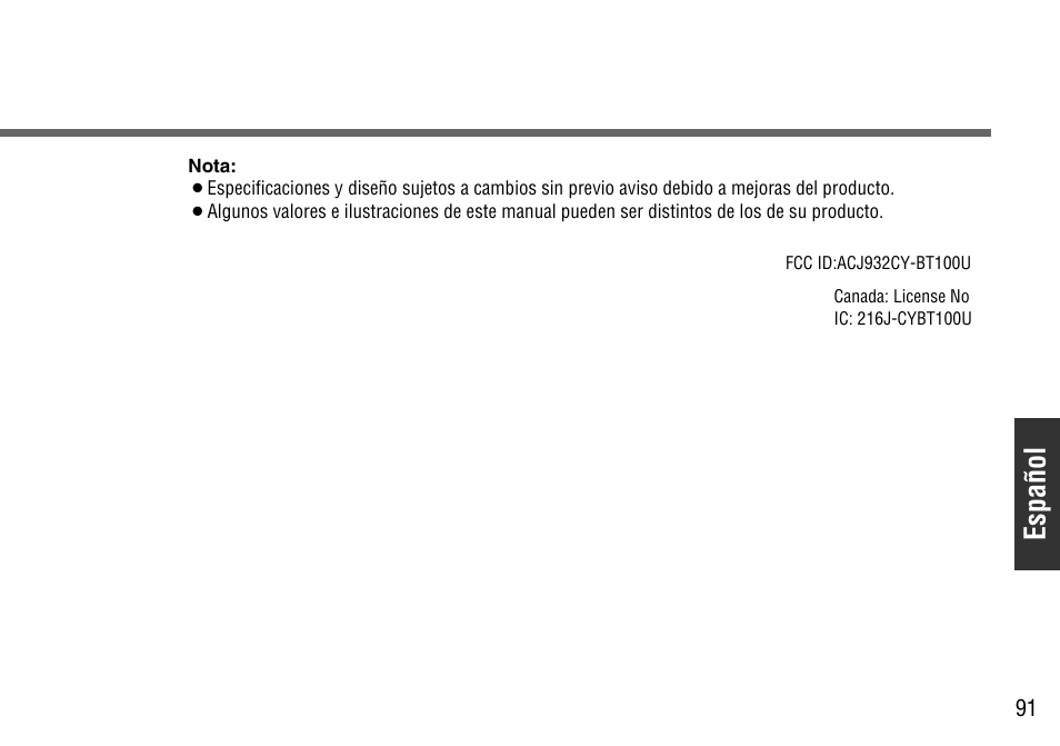 Español | Panasonic CY-BT100U User Manual | Page 91 / 92