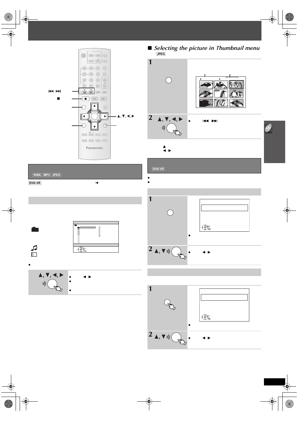 Using navigation menus, Selecting the picture in thumbnail menu, Playing data discs | Playing ram and dvd-r/-rw (dvd-vr) discs, Usi n g na v ig ati on me n u s, Playing from the selected item, Playing the programs, Playing a play list, Select an item, Skip | Panasonic SC-PT665 User Manual | Page 17 / 72