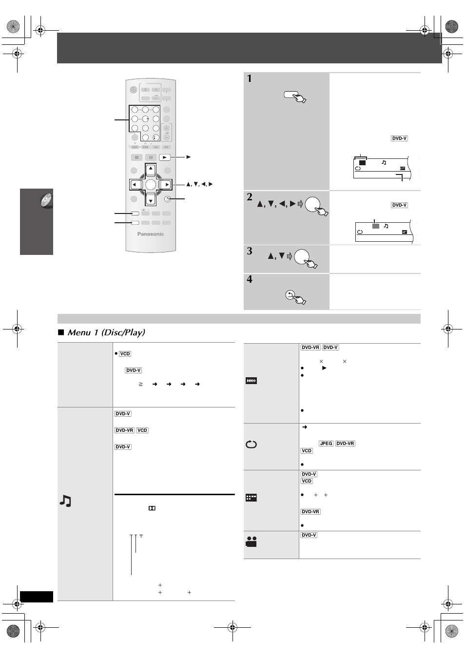 Using on-screen menus, Menu 1 (disc/play), Show the on-screen menu | Select the item, Make the settings, Exit, Usi n g on -scre en me n u s | Panasonic SC-PT665 User Manual | Page 18 / 72