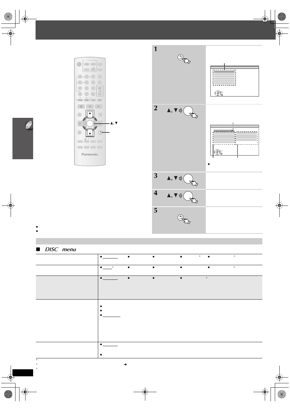 Changing the player settings, Disc ” menu, Show the setup menu | Select the menu, Select the item, Make the settings, Exit, Ch an gi ng th e pl a y er se ttings | Panasonic SC-PT665 User Manual | Page 20 / 72