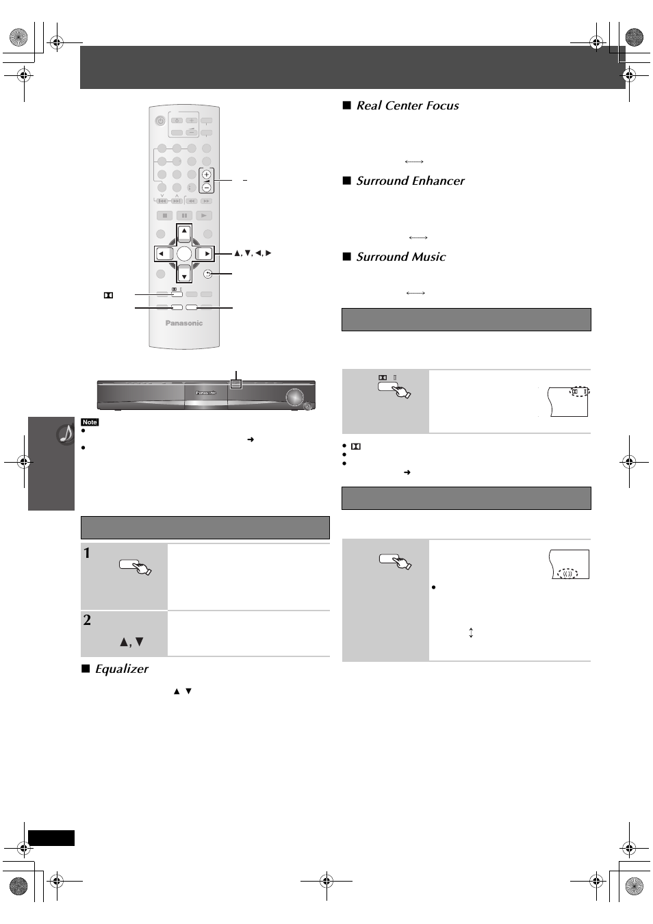 Using sound effects, Surround sound, Equalizer | Real center focus, Surround enhancer, Surround music, Setting the sound effects, Using dolby pro logic ii, Using whisper-mode surround, Usi n g so un d eff e cts | Panasonic SC-PT665 User Manual | Page 26 / 72