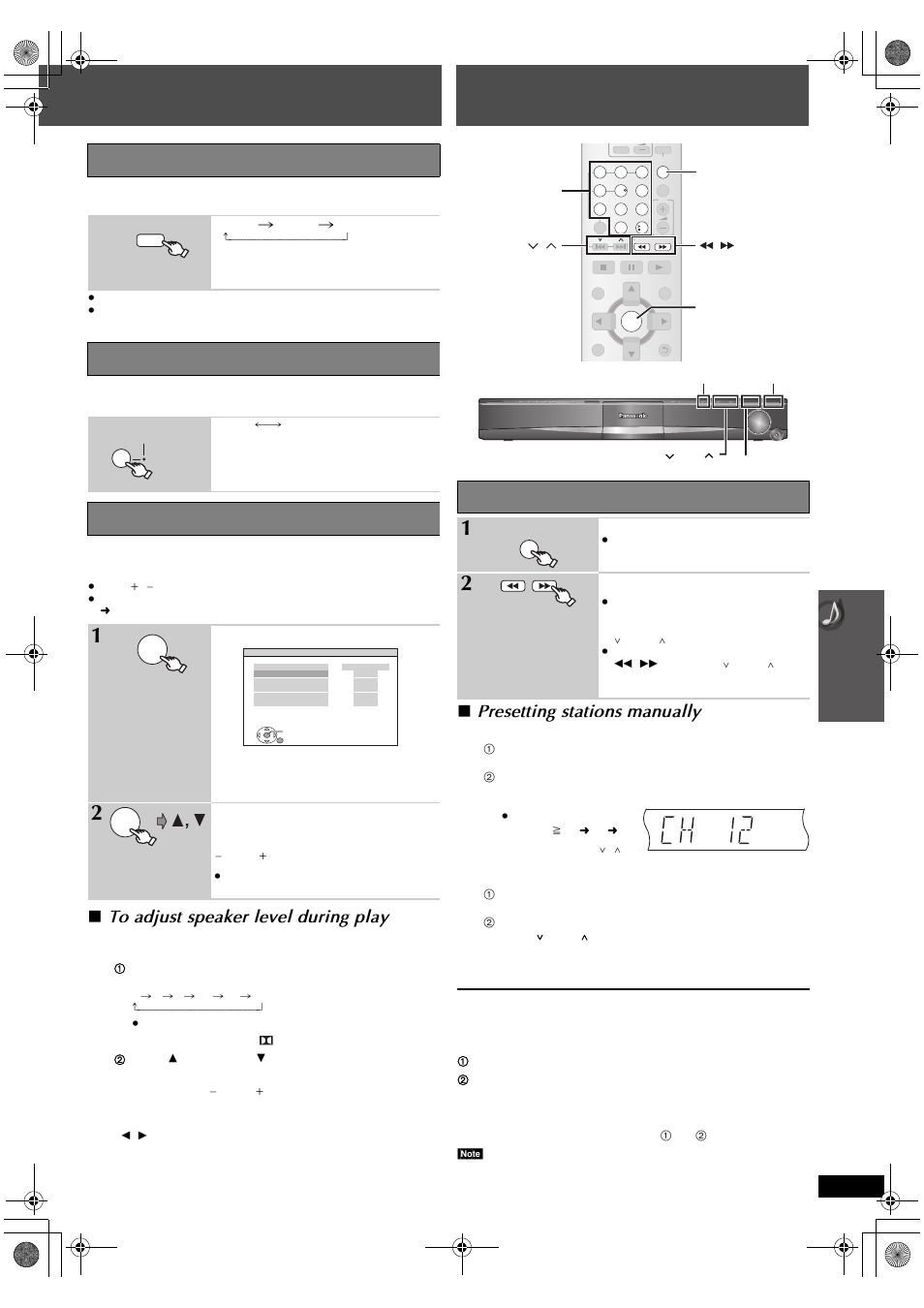 Enjoying the fm/am radio, Presetting stations manually, Adjusting the subwoofer level | Using subwoofer boost, Adjusting the speaker level, Manual tuning, Fm frequency step | Panasonic SC-PT665 User Manual | Page 27 / 72