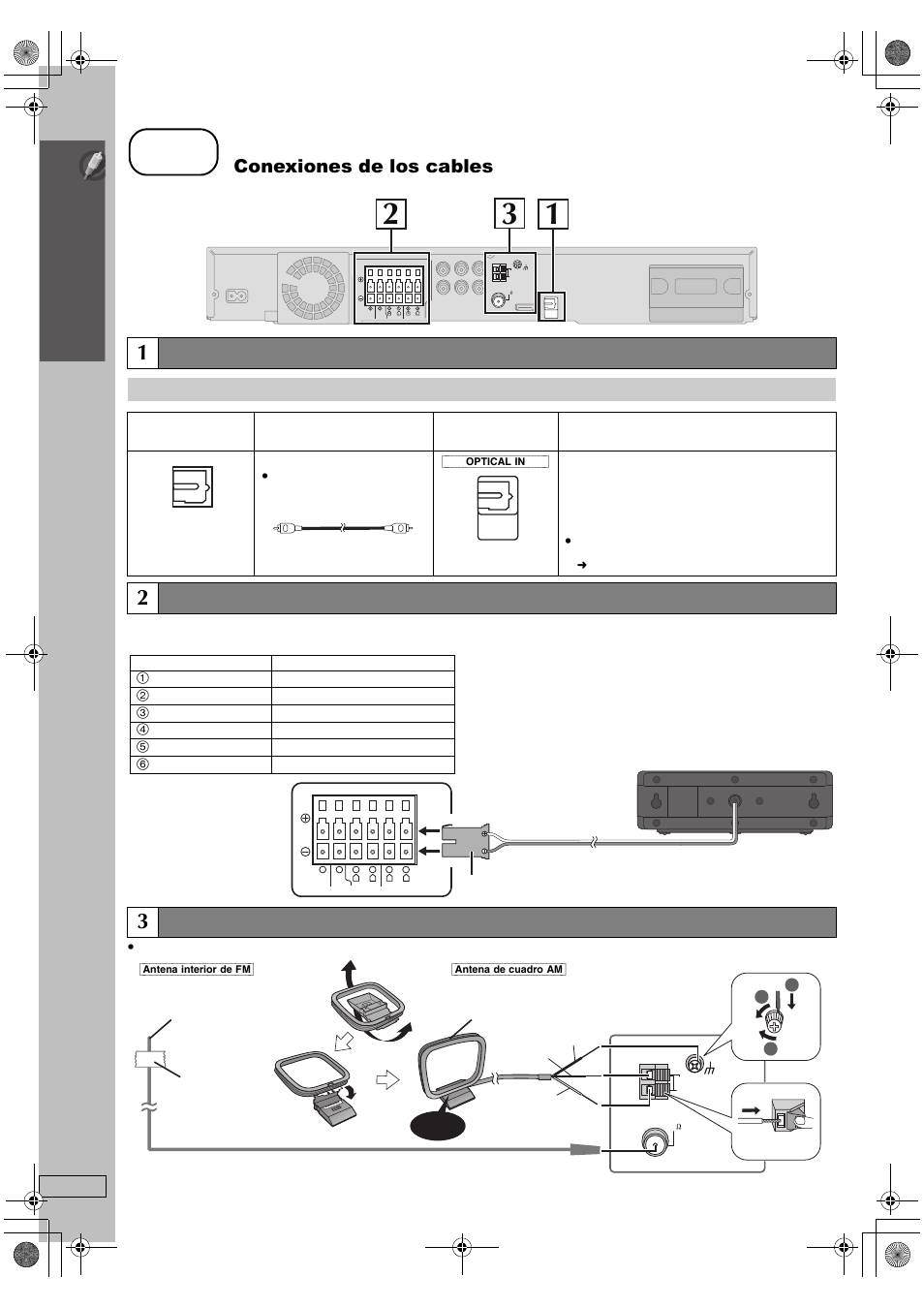 Paso, Conexiones de los cables, Instalació n sencilla | Conexiones de audio y vídeo (continúa), Conexiones de los altavoces, Conexiones de la antena de radio | Panasonic SC-PT665 User Manual | Page 44 / 72