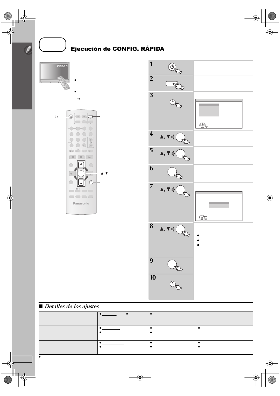 Paso, Ejecución de config. rápida, Detalles de los ajustes | Instalació n sencilla, Encienda el aparato, Seleccione “dvd/cd, Acceda al menú setup, Seleccione “others, Seleccione “quick setup, Seleccione “set | Panasonic SC-PT665 User Manual | Page 46 / 72