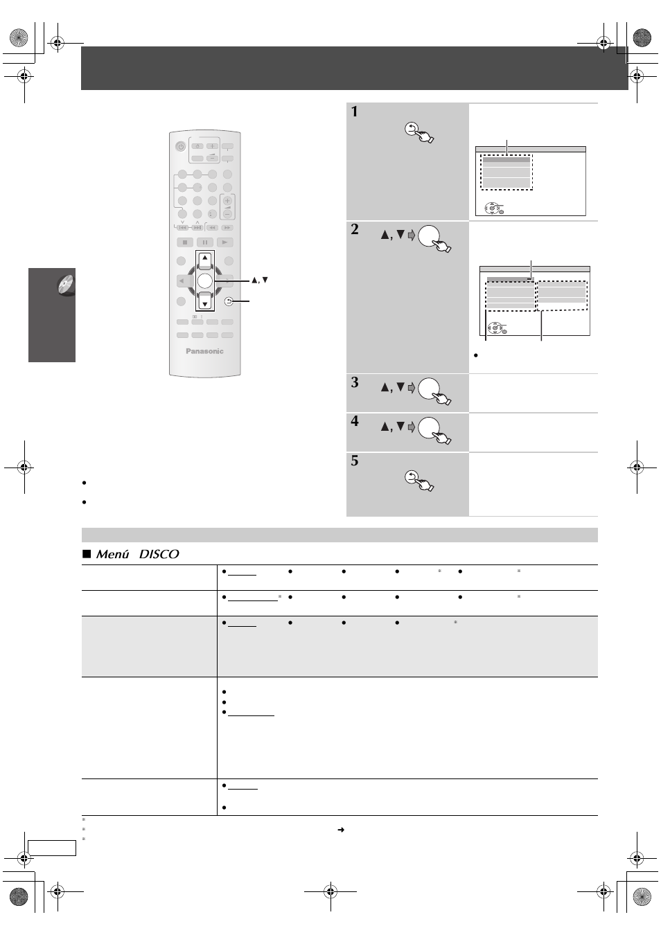 Cambio de los ajustes del reproductor, Menú “ disco, Acceda al menú ajustes | Seleccione el menú, Seleccione el elemento, Haga los ajustes, Pulse para salir | Panasonic SC-PT665 User Manual | Page 56 / 72