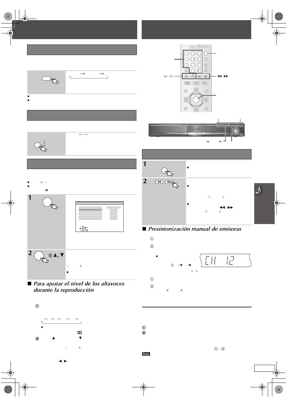 Gozar de la radio fm/am, Presintonización manual de emisoras, Ajuste del nivel de subwoofer | Uso de subwoofer boost, Ajuste del nivel de los altavoces, Sintonización manual | Panasonic SC-PT665 User Manual | Page 63 / 72