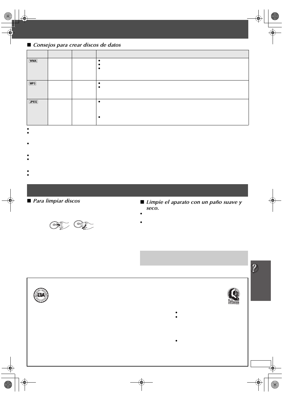 Mantenimiento, Advertencia de escucha, Consejos para crear discos de datos | Para limpiar discos, Limpie el aparato con un paño suave y seco | Panasonic SC-PT665 User Manual | Page 67 / 72