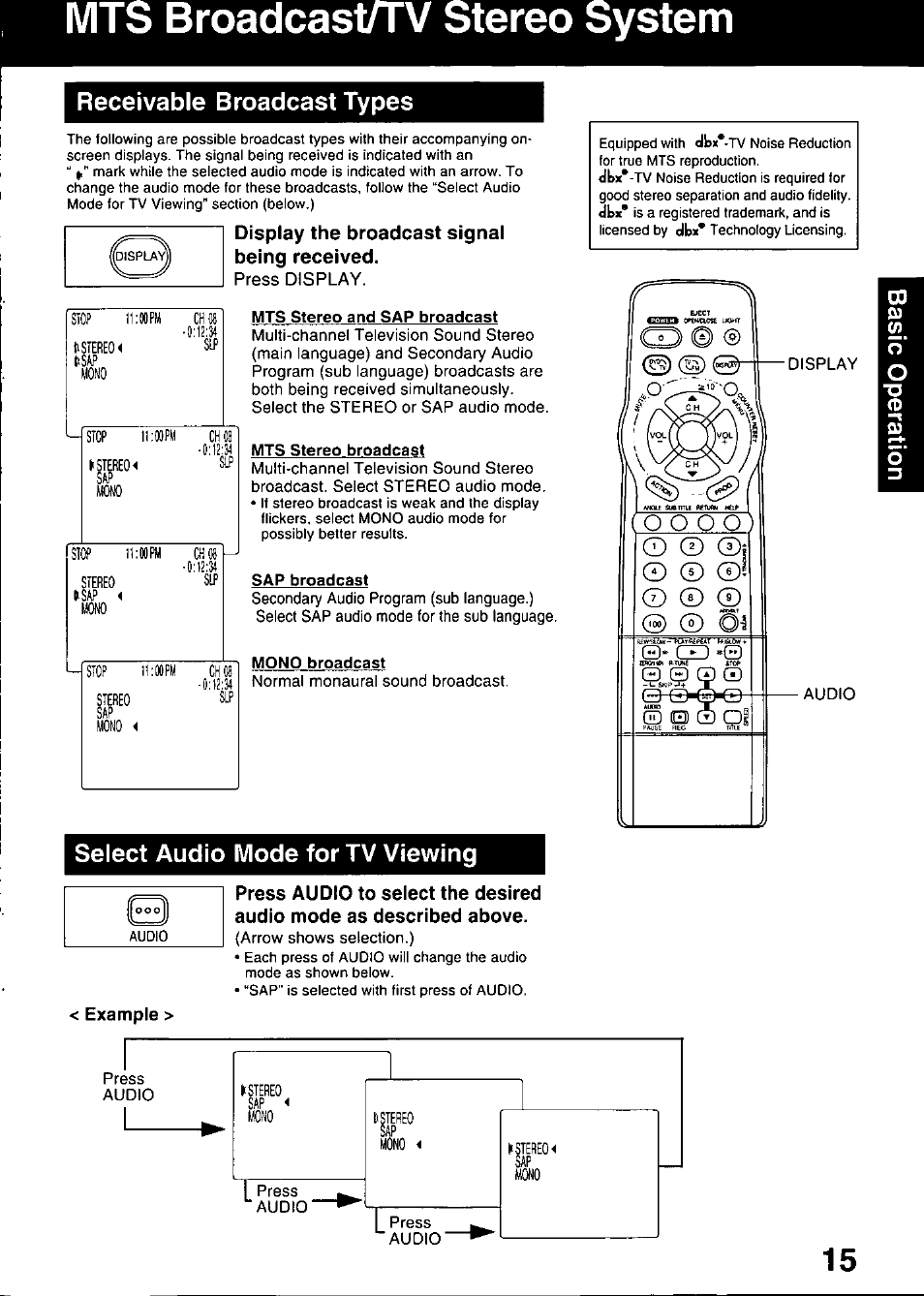Display the broadcast signal being received, Mts stereo and sap broadcast, Mts stereo broadcast | Sap broadcast, Mono broadcast, Example, Mts broadcast/tv stereo system, Receivable broadcast types, Select audio mode for tv viewing | Panasonic OMNIVISION PV-DM2799 User Manual | Page 15 / 68