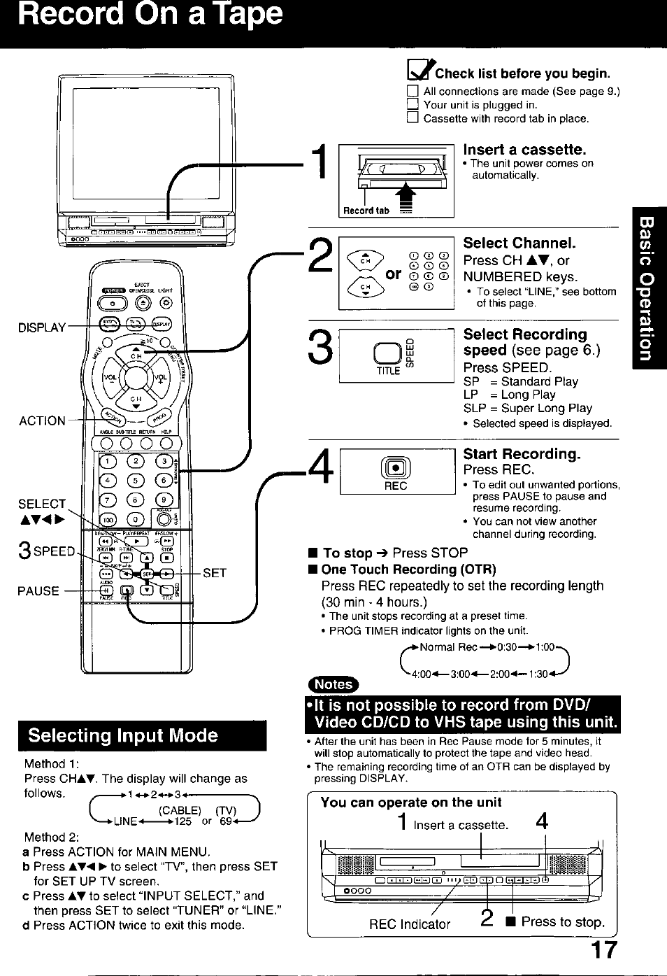Select channel, Press ch at, or numbered keys, Press speed | Start recording, Press rec, To stop press stop one touch recording (otr), You can operate on the unit, Record on a tape, Selecting input mode | Panasonic OMNIVISION PV-DM2799 User Manual | Page 17 / 68