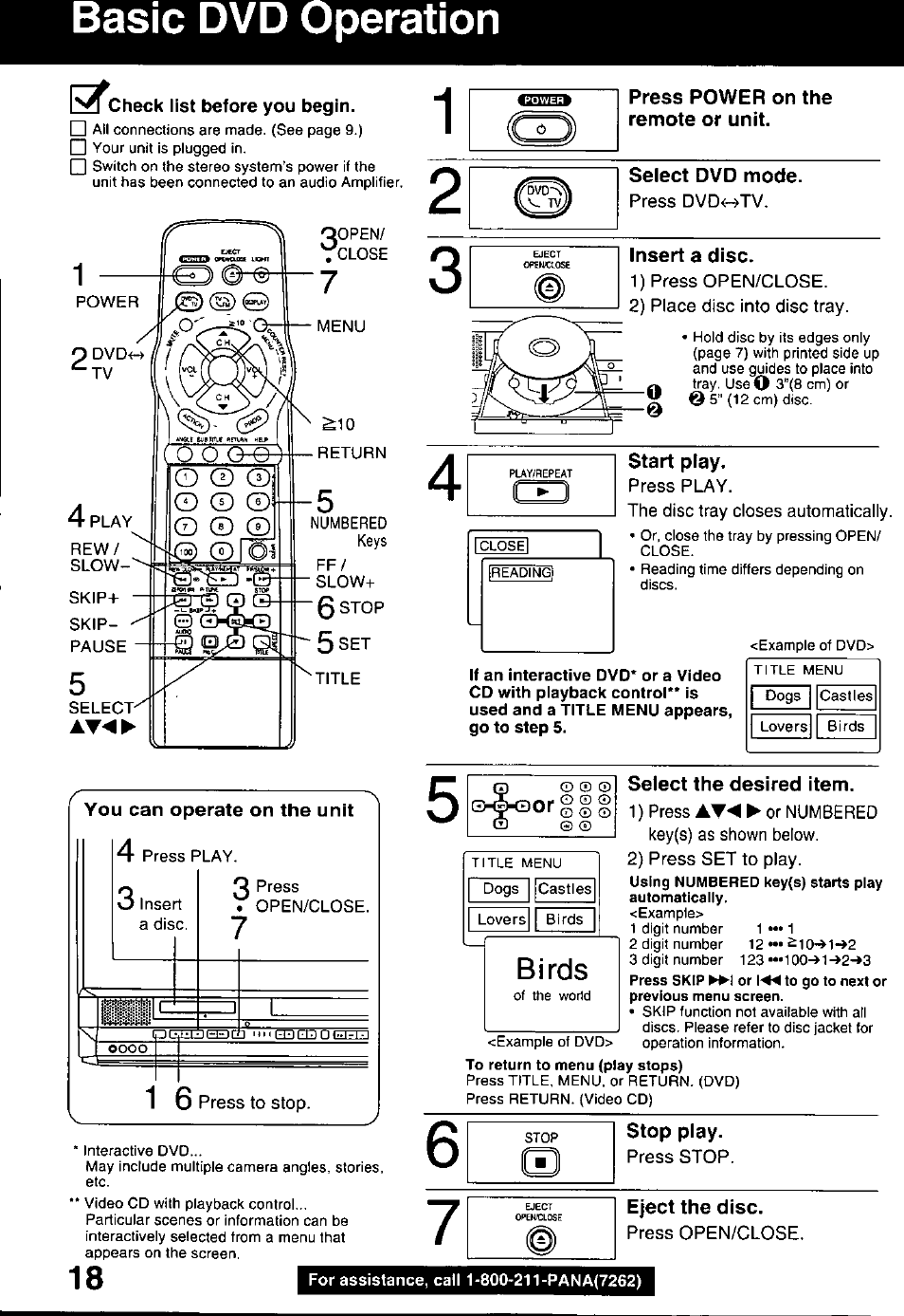 Check list before you begin, You can operate on the unit, 1 6 press to stop | Press power on the remote or unit, Select dvd mode, Press dvd<-^tv, Insert a disc, 1) press open/close, 2) place disc into disc tray, Start play | Panasonic OMNIVISION PV-DM2799 User Manual | Page 18 / 68